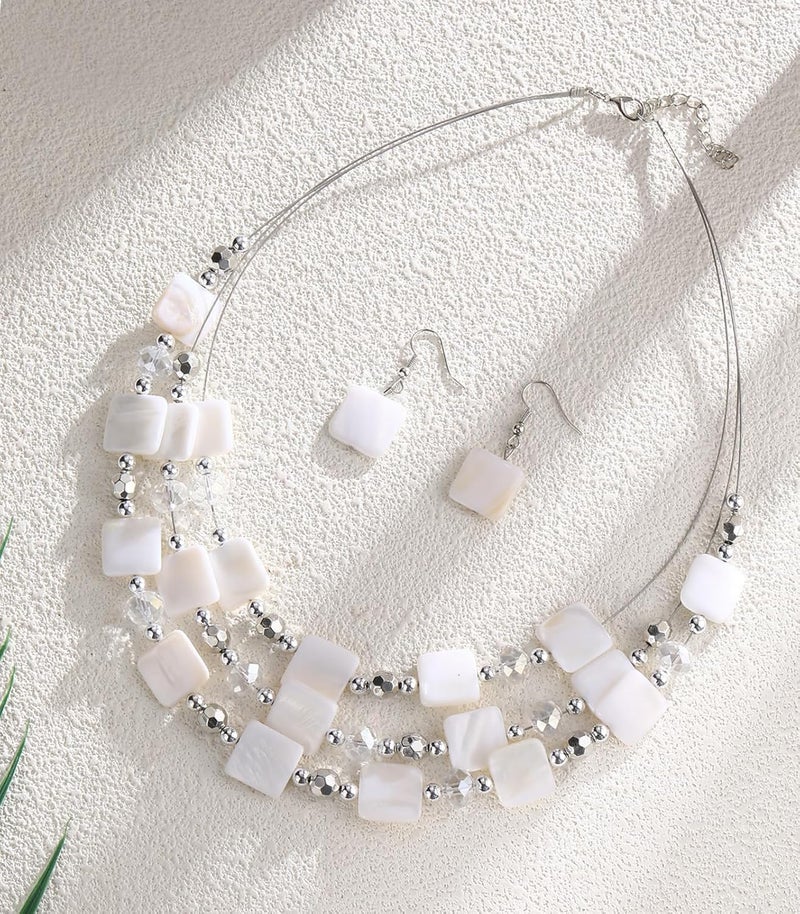 Errally Store Layered Beaded Statement Necklaces for Women Square Shell Bead Collar Necklace and Earring Set Birthday Gifts Boho Jewelry Sets for Women - Image 2